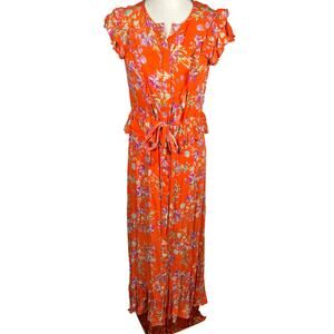 Skylar + Madison Women’s Ruffle Floral Maxi Dress Orange Purple M Boho Tie Waist